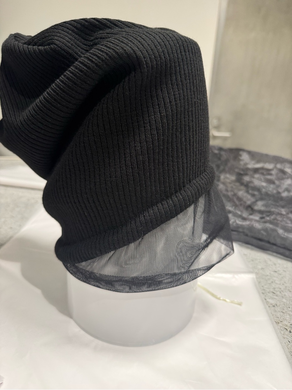 Metamorphoza black knit beanie with tulle
